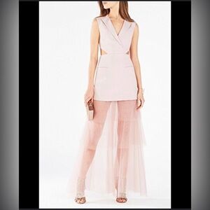 Stylish nude color tuxedo dress with a lace trim